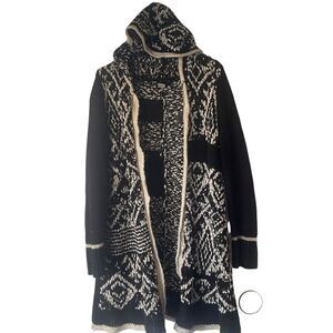 Venus Y2k Size Large Black & White Knit Hooded Long Open‎ Front Cardigan Sweater